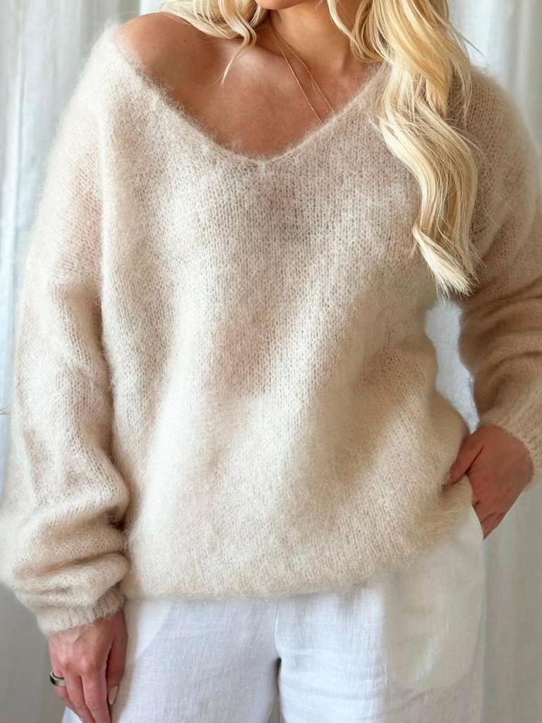 Soft and Fluffy V-Neck Long Sleeve Sweater Women's Autumn Winter Pullover Solid Color Lazy Style Loose Knit Top