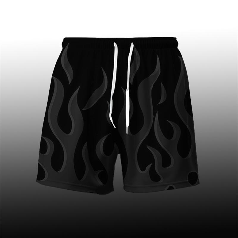 Flame Pattern Cool Harajuku Men's Board Short Y2k Personality Fire Stripe 3D Print Beach Shorts Breathable Loose Fashion Trunks