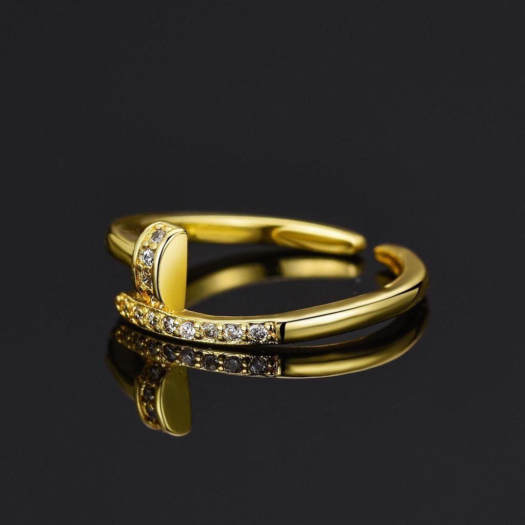 18K Gold Plated Women's Open Nail Ring with Full Diamond Design