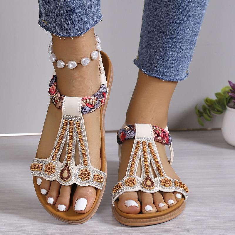 Large size sandals women's summer new flat-bottomed open-toed beaded bohemian beach shoes