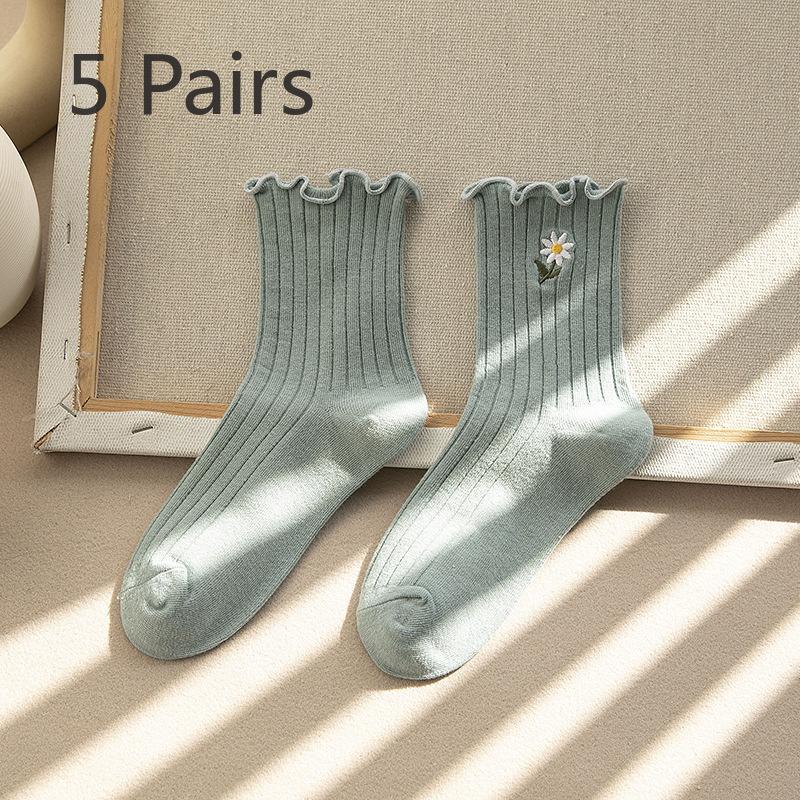 5 Pairs of Female Cotton Sweet Lace Fashion Fungus Edge Floral Embroidery Medium Tube Pile Socks