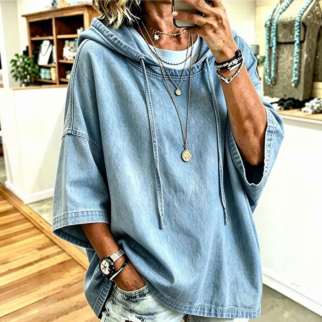 Giacca di Jeans Casual da Donna con Cappuccio e Maniche a Tre Quarti Vestibilità Larga