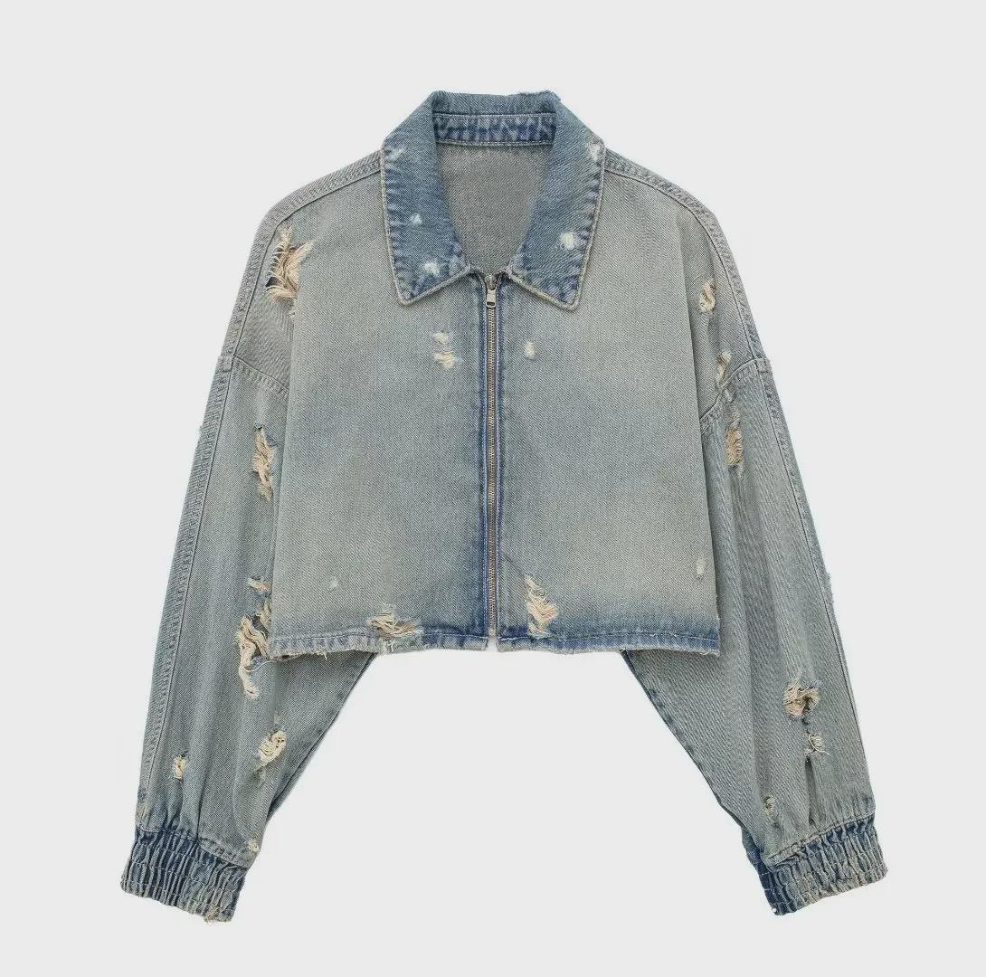 

2023 Autumn Women s Versatile Distressed Denim Jacket XS