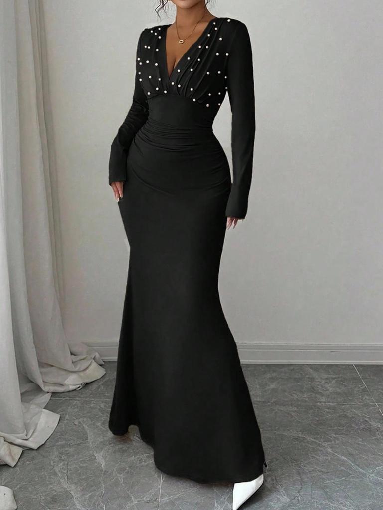 Elegant Plus Size Pearl-Decorated Waist-Cinching Evening Dress for Women
