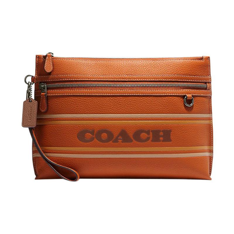 

COACH Carry Pouch 29 Embossed Logo Zipper Closure Stripe Pebbled Leather Storage Bag Clutch Large Women s Brown коричневий