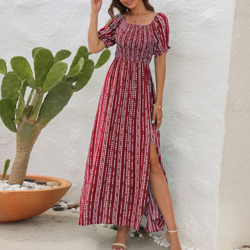 GMXIA Jarní a letní šaty s vertikálním pruhem, potiskem, rozděleným pasem, jedno rameno, krátký rukáv, ležérní sváteční šaty