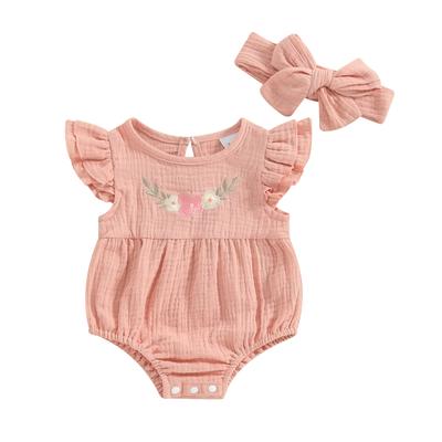 Macacão infantil feminino com bordado de flores e manga voadora, gola redonda, com faixa de cabeça e laço, conjunto de 2 peças