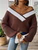 Women's Color Block Patchwork Deep V-Neck Loose Sweater - Long Sleeve Pullover for Autumn/Winter