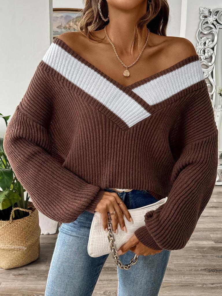 Women's Color Block Patchwork Deep V-Neck Loose Sweater - Long Sleeve Pullover for Autumn/Winter