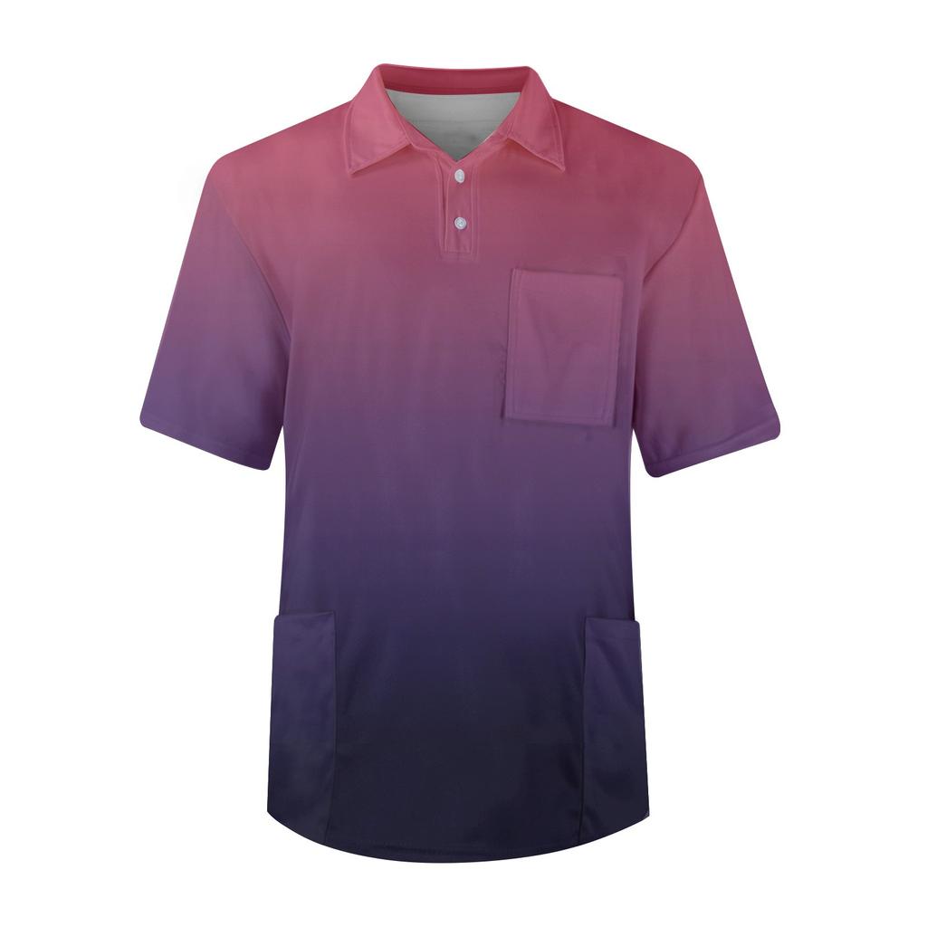 Men's Short Sleeve Button Lapel Gradient Printing Chest Pocket Dry-nurse Top