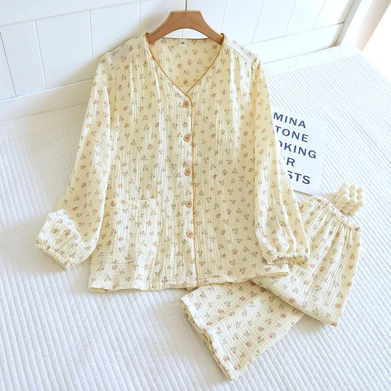 New Spring/Summer Women's Pajama Set 100% Cotton Crepe Long Sleeved Pants Ladies Two Piece Set with Chest Cushion Homewear