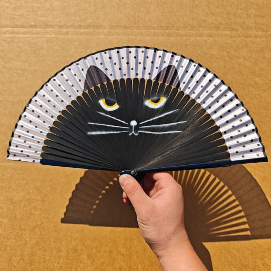 Cartoon Cat Folding Fan Japanese Style Wooden Hand Held Fan