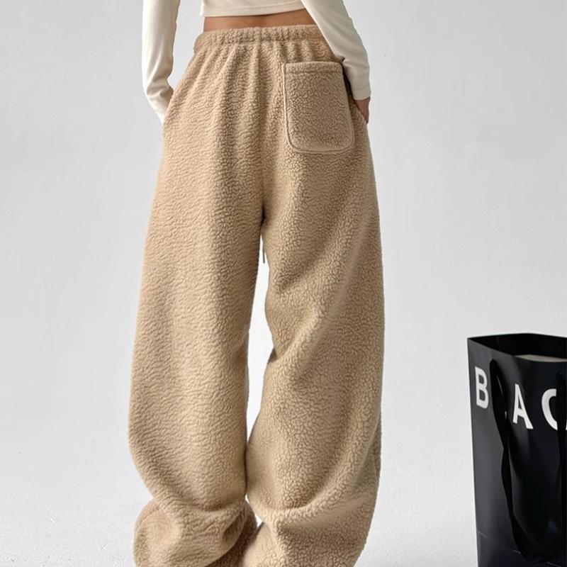Simple Women's Thickened Pants Elastic Waist Polar Fleece Drawstring Straight Bottom Wide Leg Female Trousers Autumn Winter