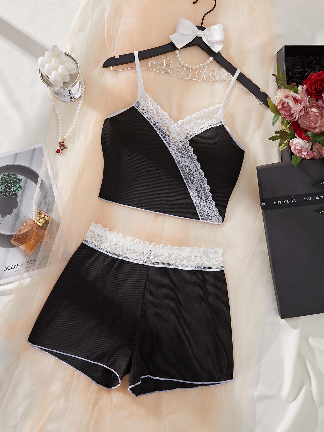 High-end new lace lace suspender lingerie women s temptation mood homewear set two-piece set S чёрный