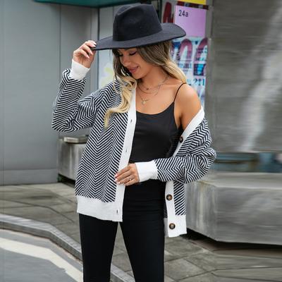Women's Autumn and Winter Cardigan Colour Block Button Knit Top V-Neck Sweater