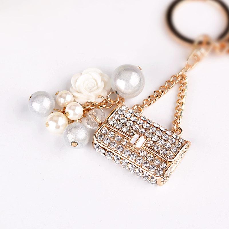 Fashion Metal Small Gift Creative Square Lady Chain Bag Shape Keychain White Rhinestone Lady Bag Accessories Automobile Gift