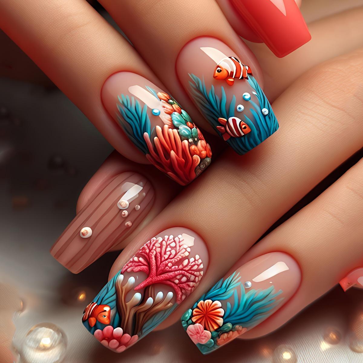 24-Piece Removable Coral Fish & Flower Pattern Square Nail Art Stickers for Spring/Summer кирпич красный