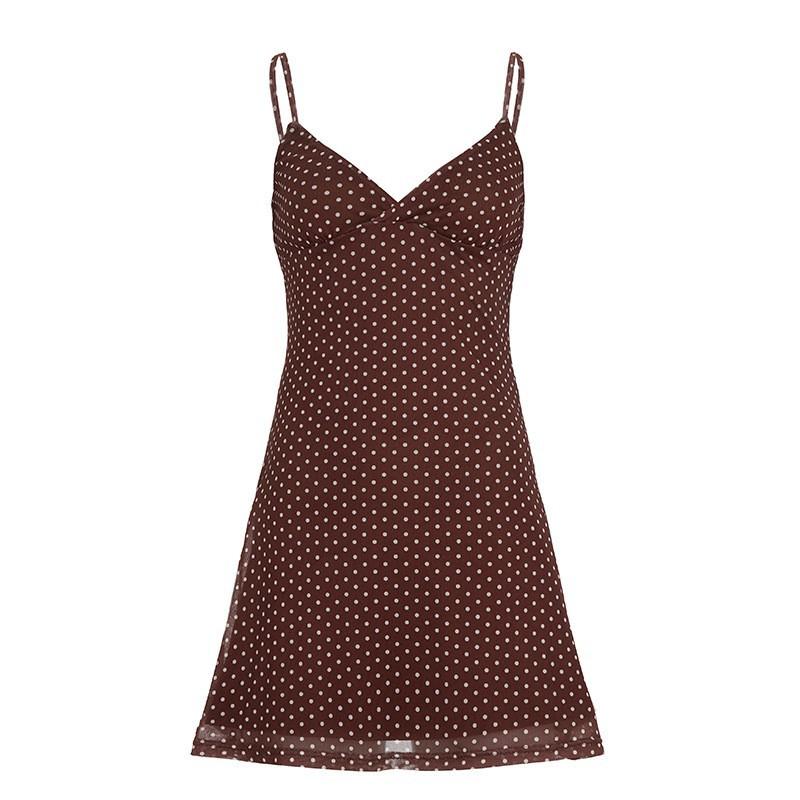 

European American Retro Brown Polka Dot V-neck Suspender Dress Sexy Slim Temperament Hot Girl Pure Desire Short Skirt L коричневий