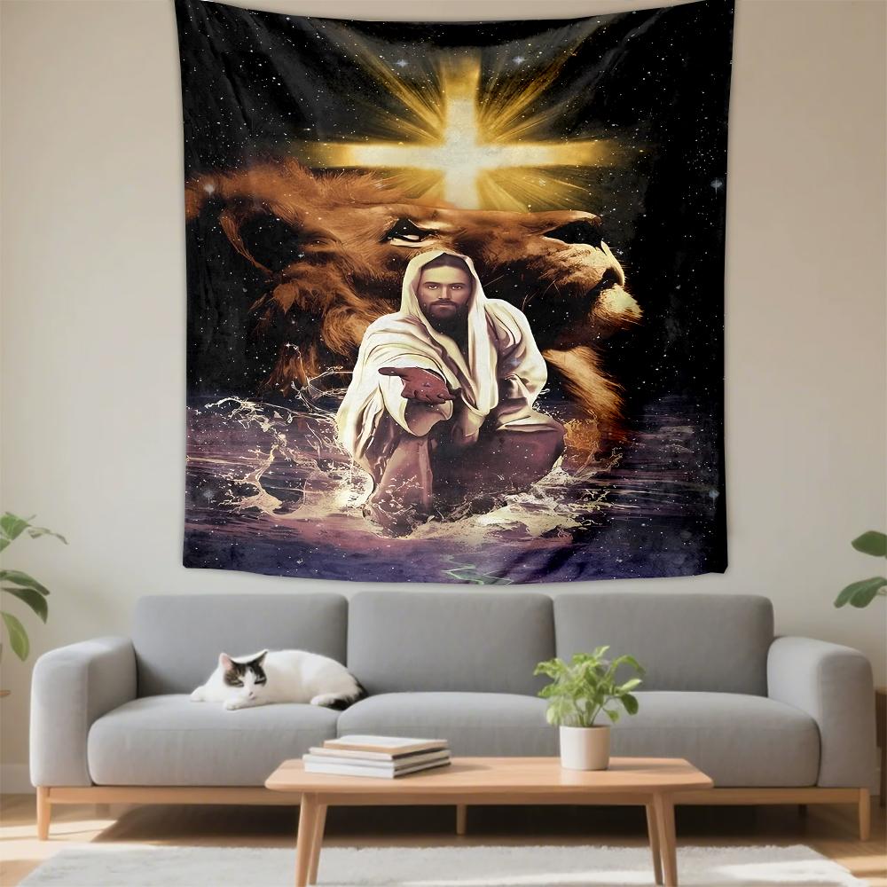 Lejon Ljus Kors Jesus Sträcker sig efter Vatten Religiös Konst Mönstrad gobeläng för sovrum och vardagsrum heminredning