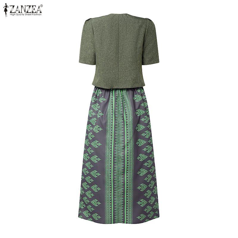 ZANZEA Women Short Sleeve Blouse and Print Long Skirts Two Piece Suit Sets