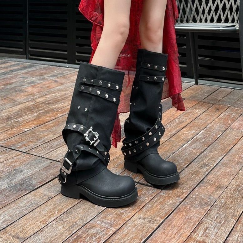 Retro Riveted Trouser Tube Boots Round Head Thin Yadan Style Long Boots 2025 Autumn Thick-soled Niche Design Knight Boots