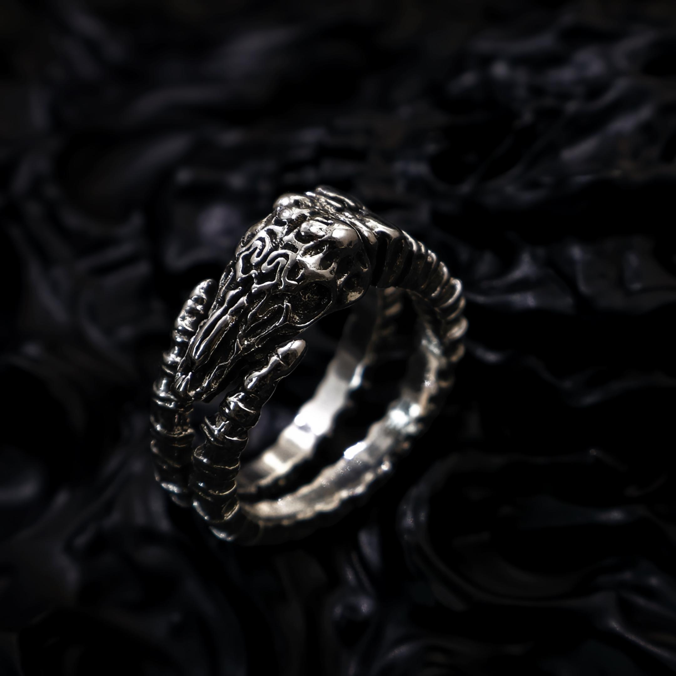 

Retro Skull Pan s Horn Adjustable Open Ring For Men Gothic Punk Edgy Silver-plated Copper Dark Vibe Accessories Gift 8-11