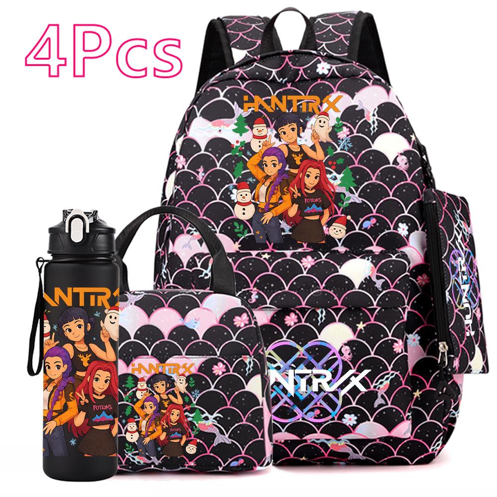 4Pcs/set Christmas Kpop Printed Backpack with Handbag Pencil Case 750Ml Water Bottler for Teenager Boy Girl Large Capacity Bookbag Schoolbag Kid Gift