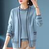 Spring  Autumn Women's Knit Top Two-Piece Set Color-Block Knit Cardigan Knit Short-Sleeve T-Shirt Two-Piece Set