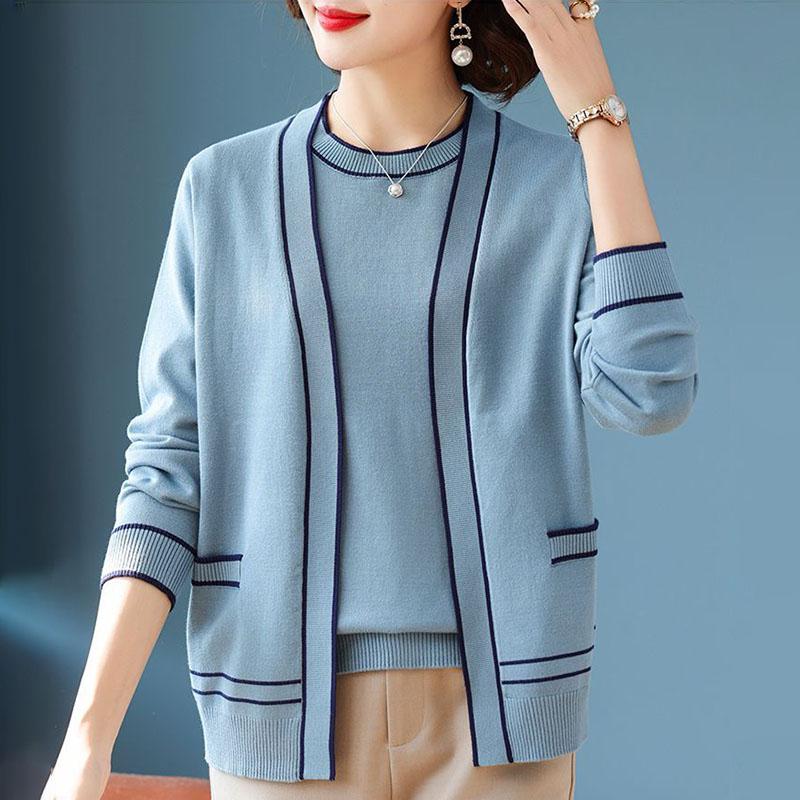 Spring  Autumn Women's Knit Top Two-Piece Set Color-Block Knit Cardigan Knit Short-Sleeve T-Shirt Two-Piece Set