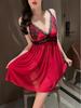 Exotic Sweet Tank Mini Dress Sexy Lace Halter Nightdress Deep V Neck Lace Red Sweet Backless Mesh Dress Elegant Y0U8