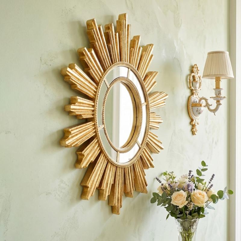 Stylish Resin Golden Sunbursts Vanity Mirror Wall Hanging Makeup Mirror for Bedroom or Bathroom Living Room Decors
