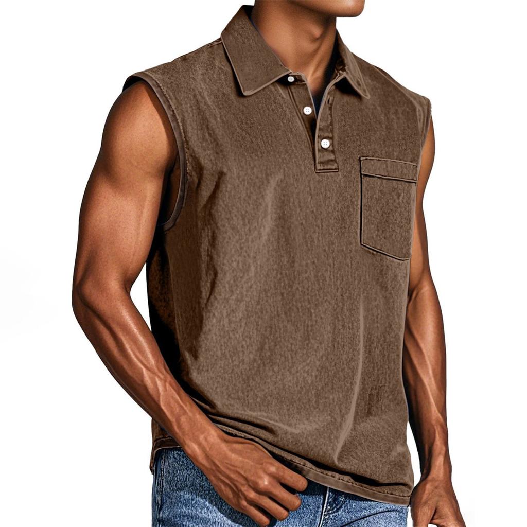 Men's Summer Solid Color Sports Pocket Buttons Lapel Vest Men's Sports Casual Vest
