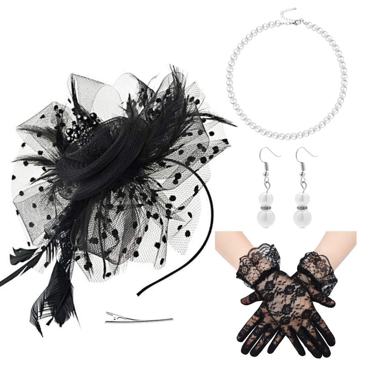 

Elegant French Vintage Headband Pearl Necklace Set with Veil Gloves for Wedding Daily Wear чёрный