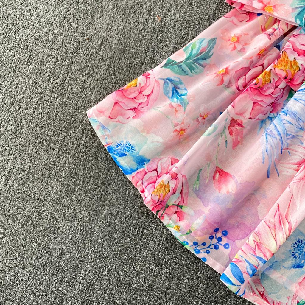 Spring Autumn Vintage Hydrangea Print  Long Sleeve Short Dress for Women Fashion Stand Collar Belt Slimming Ruffles Splice Mini Dress