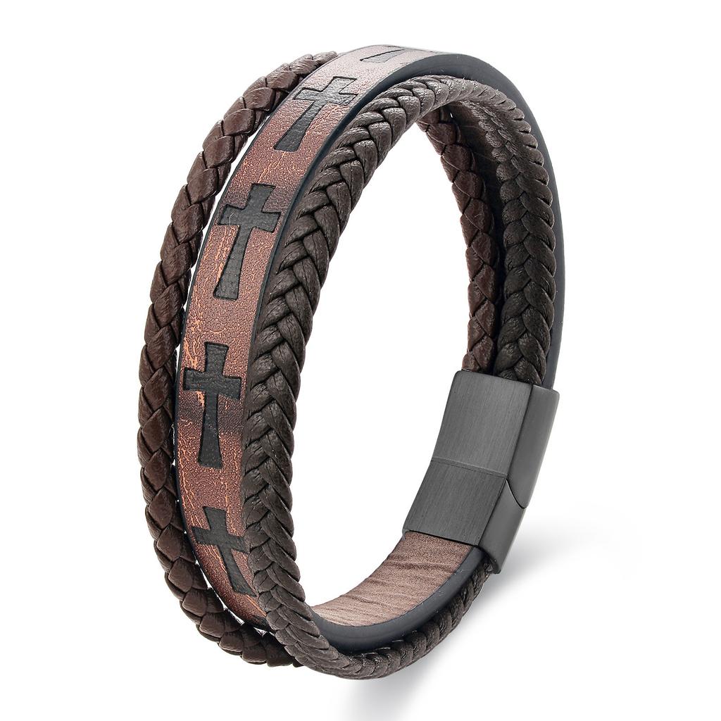 Black Leather Rope Cowhide Men's Double Layer Genuine Leather Woven Bracelet Handmade Multi-Layer Cross Leather Bracelet 2026