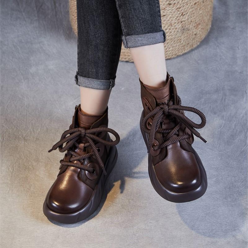 Johnature Genuine Leather Short Boots Retro Versatile Plush Warm Thick Bottom Side Zipper Women's Boots