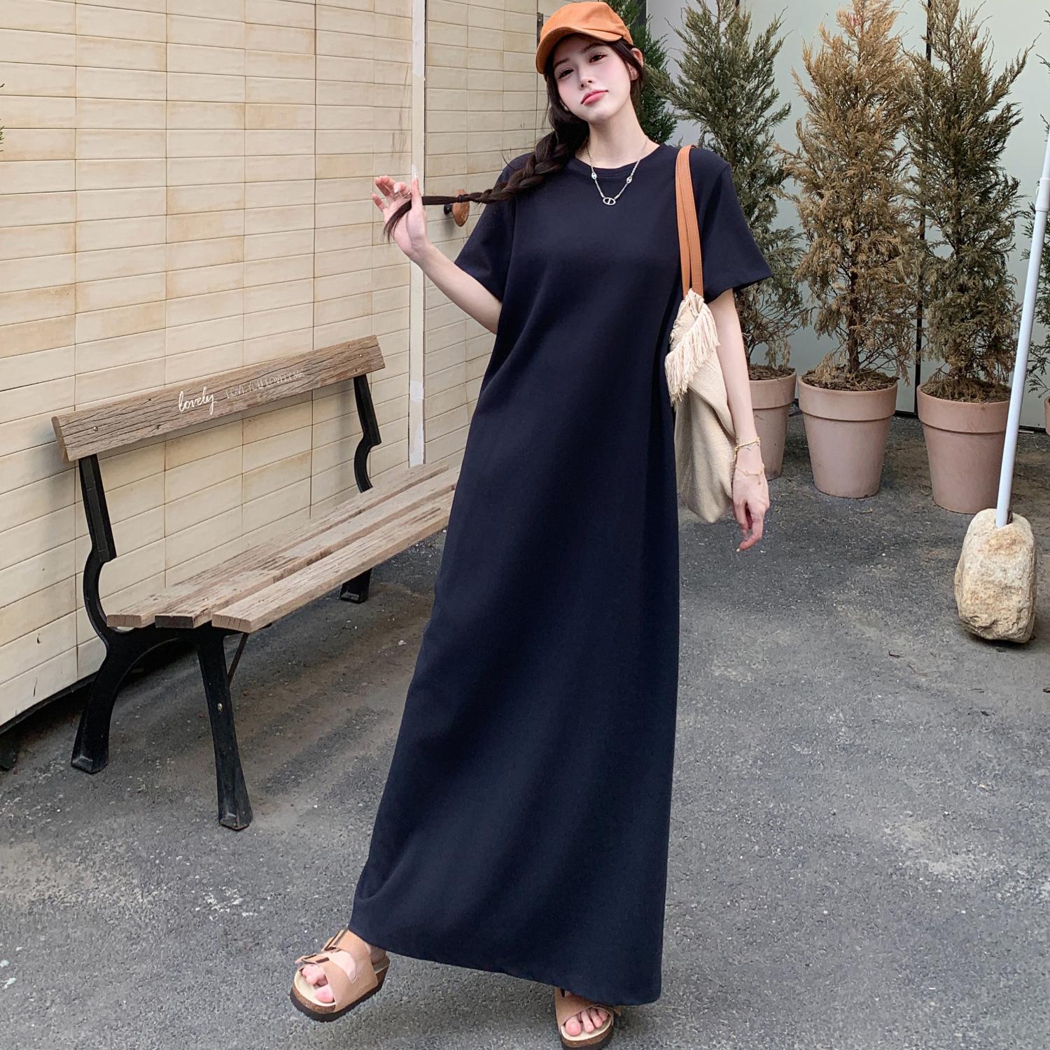 

DIMANAF 2025 Summer Plus Size Dress Women Casual Vintage Dress Split Black Basic Long Loose Dress 3XL темно-синий