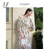 Jiuzi Anna Kou Romantic Blend Silhouette Floral Print Lace Up Waist Cinched Chiffon Dress for Women 2024 Summer New Item