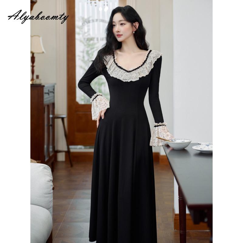 

Французский стиль Осень Зима Женское вязаное платье Кружевная вставка Рюши Платье принцессы Элегантная мода Расклешенный рукав Шикарное вязаное теплое платье XL чёрный