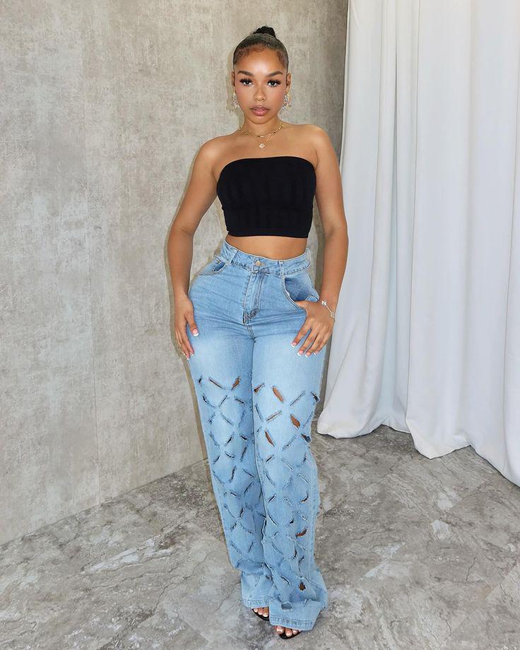 M-6202 European and American Spring/Summer Women's Fashionable Sexy Ripped Washed Denim Pants