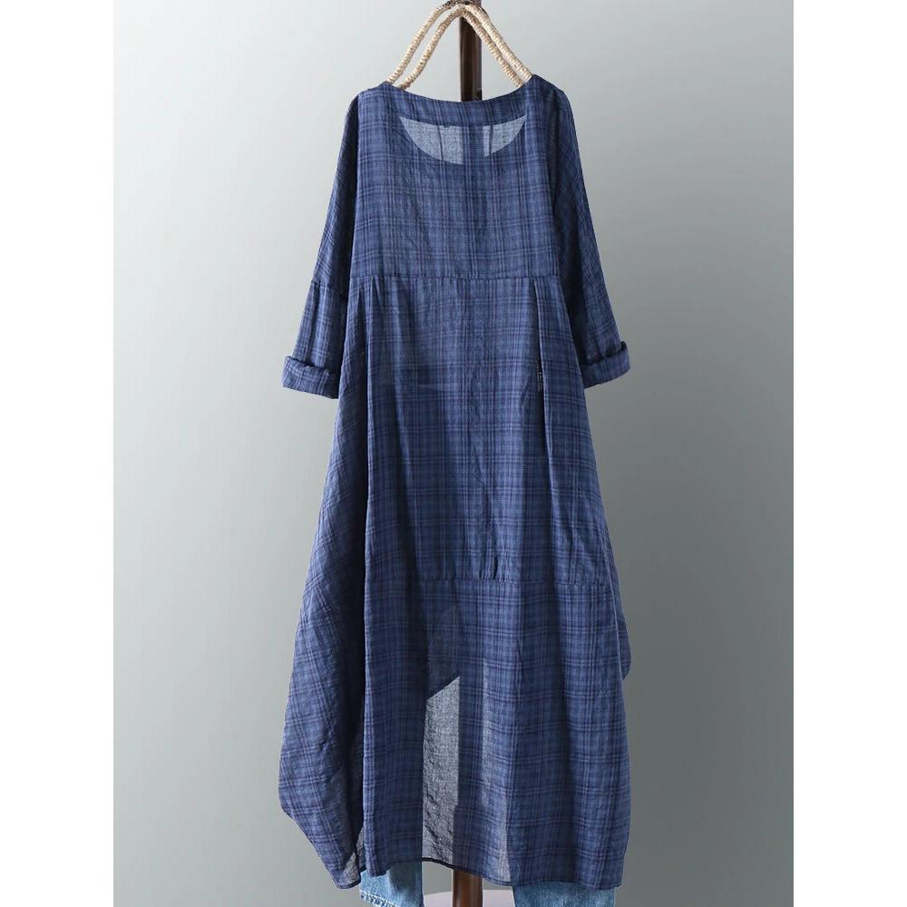 Vintage Women Long Sleeve Plaid Vestidos Sundress Casual Clothing Summer Dresses