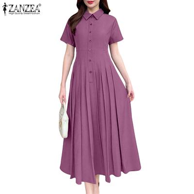 Women Turn Down Collar Short Sleeve Casual Long Dress