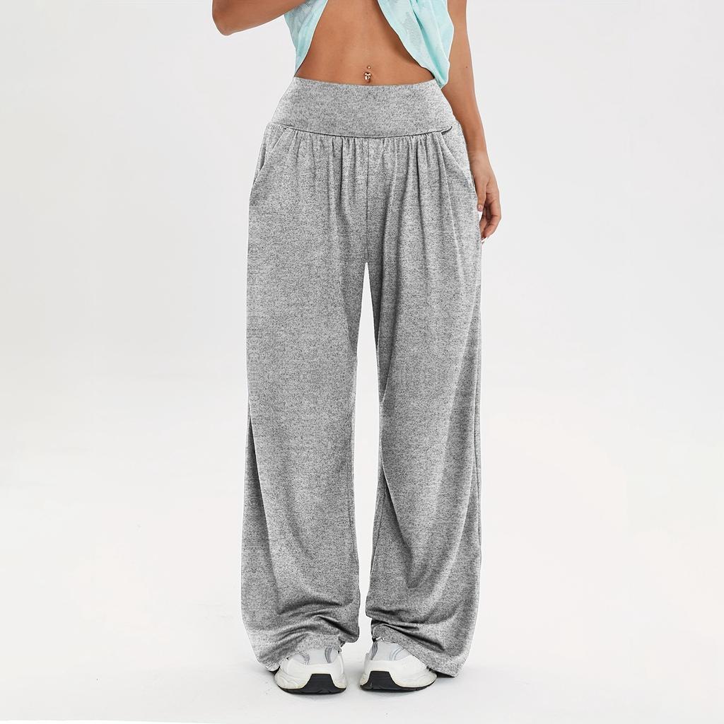 Women's Fashionable Solid Color Straight Leg Pants With High Waist Button Pockets And Elastic Waist Casual Pants