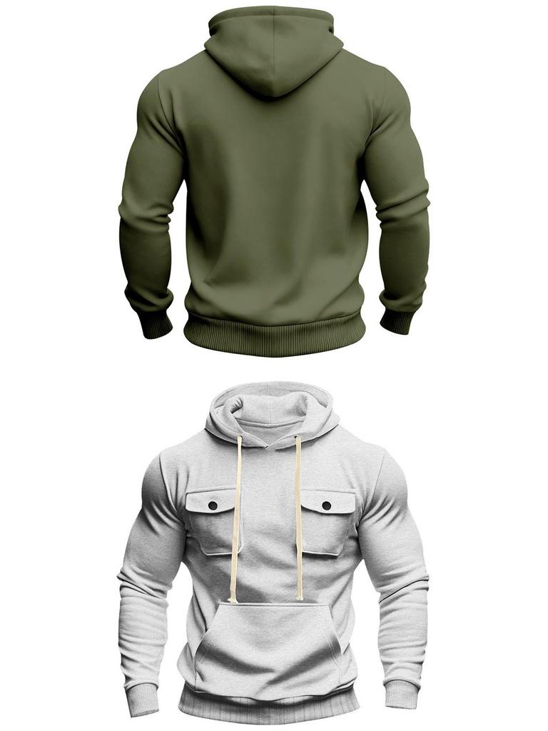 Men's American Style Heavyweight Plus Velvet Hooded Outdoor Workwear Sweatshirt - Multi-Pocket, Long Sleeve, Autumn/Winter Warmth
