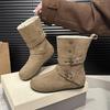 Plush Mid-Tube Boots Women Winter Suede Metal Buckle Warm Belt Buckle Flat Cotton Shoes