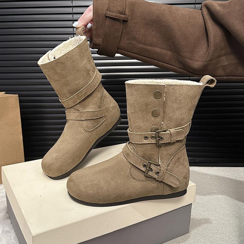 Plush Mid-Tube Boots Women Winter Suede Metal Buckle Warm Belt Buckle Flat Cotton Shoes