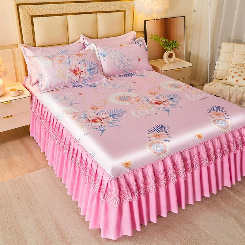 3Pcs Summer Bed Skirt Style Bedspread Lace European Style Three Piece Set Skirt Style Bed Cover Mattress Dust Protection Cover