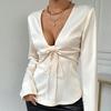 European and American sexy tops v-neck bow lace-up long-sleeved women's shirts new high-end shirts