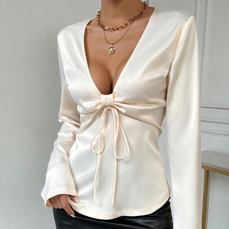 European and American sexy tops v-neck bow lace-up long-sleeved women's shirts new high-end shirts