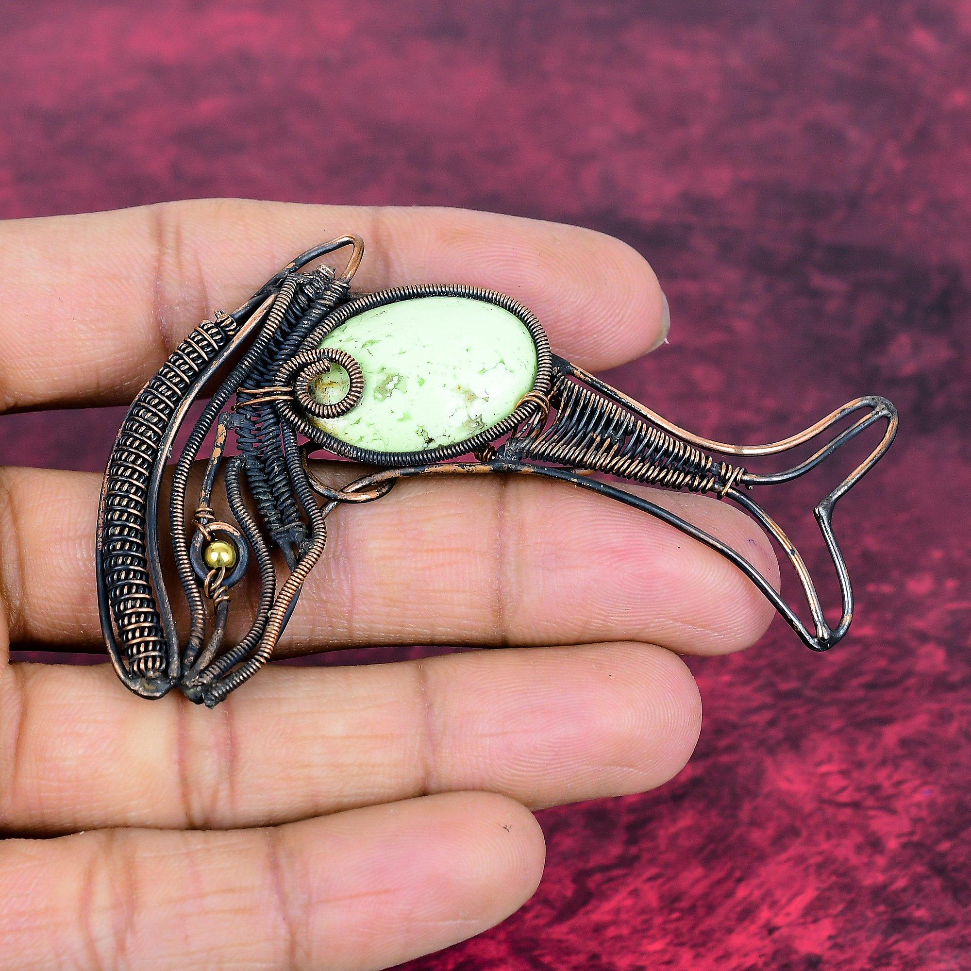 Lemon Chrysoprase Real Gemstone Pendant Fish Jewelry Copper Wire Wrapped Pendant